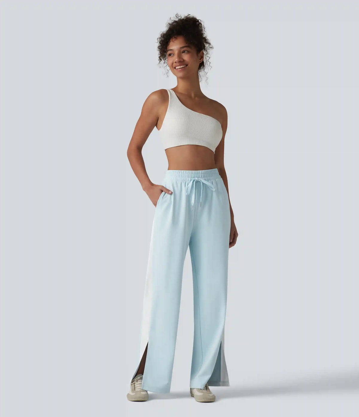 DayStretch High Waisted Drawstring Color Block Stripe Split Straight Leg Yoga Pants with Pockets