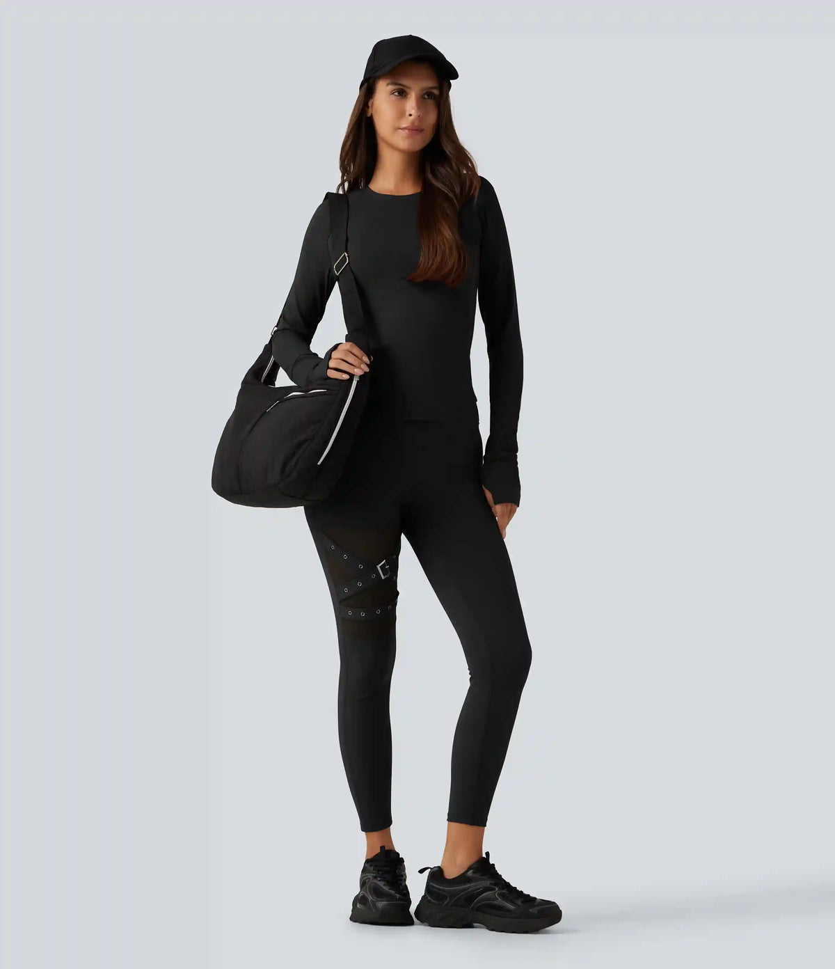 Round Neck Long Sleeve Contrast Mesh Thumb Hole Curved Hem Quick Dry Yoga Sweatshirt