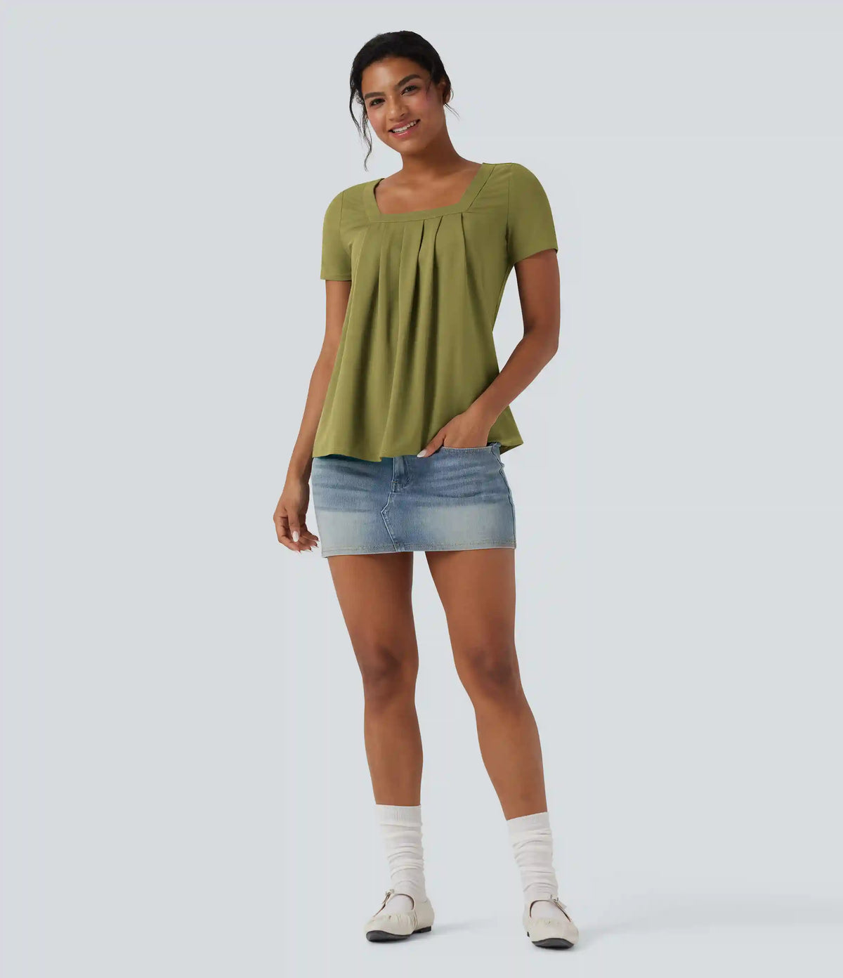 Square Neck Short Sleeve Casual Blouse