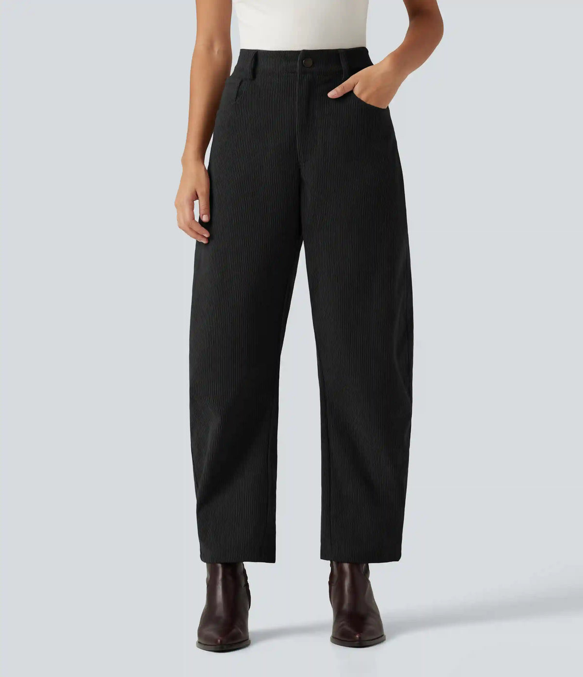 High Waisted Barrel Leg Corduroy Casual Pants with Pockets