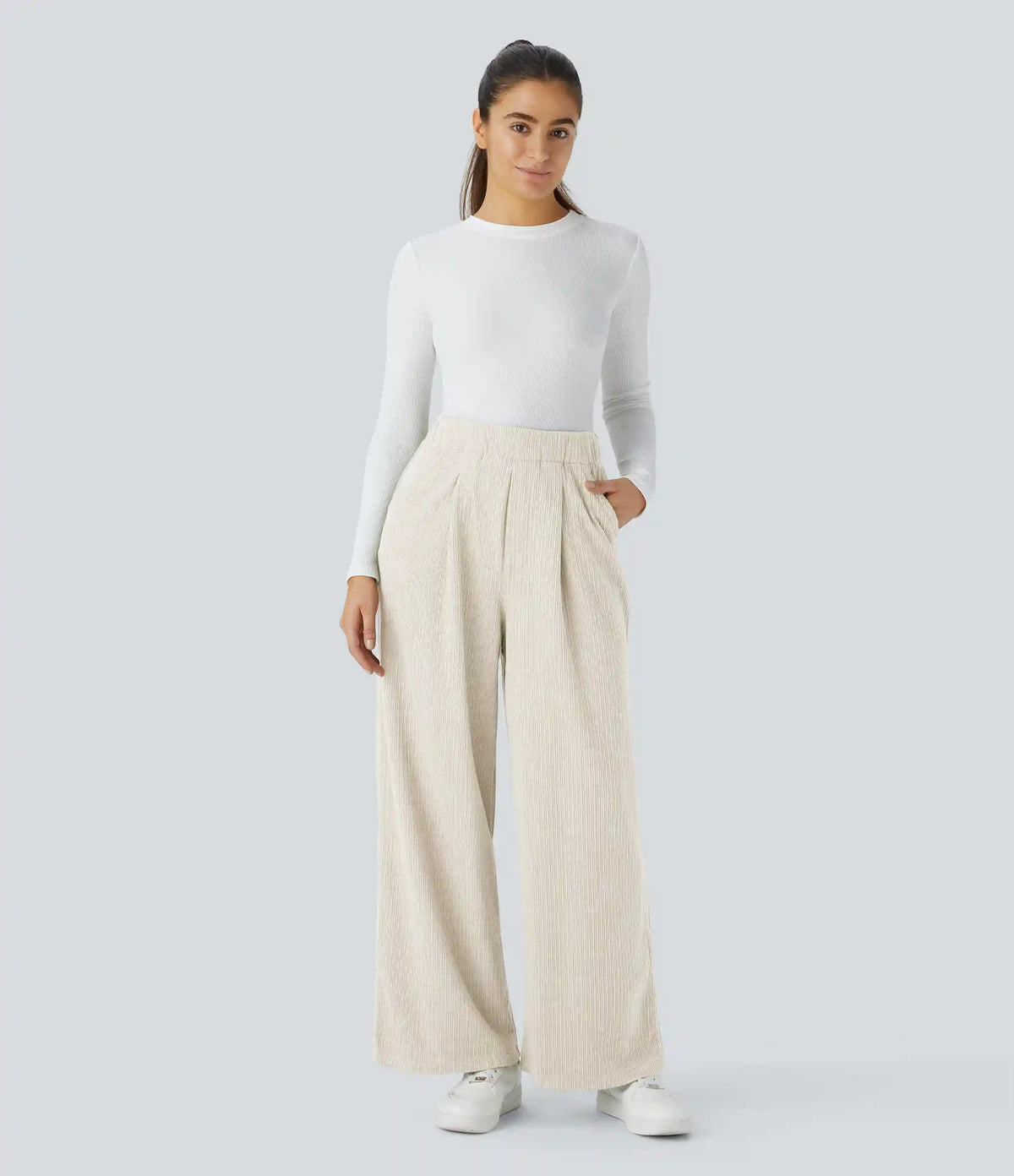 Ribbed High Waisted Pocket Wide Leg Casual Pants