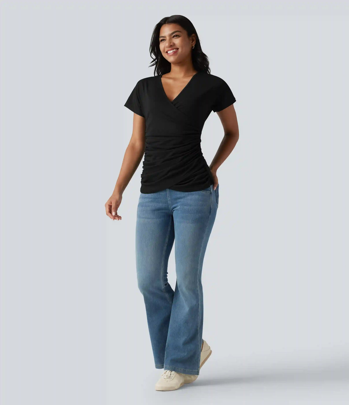 V Neck Short Sleeve Ruched Casual Top