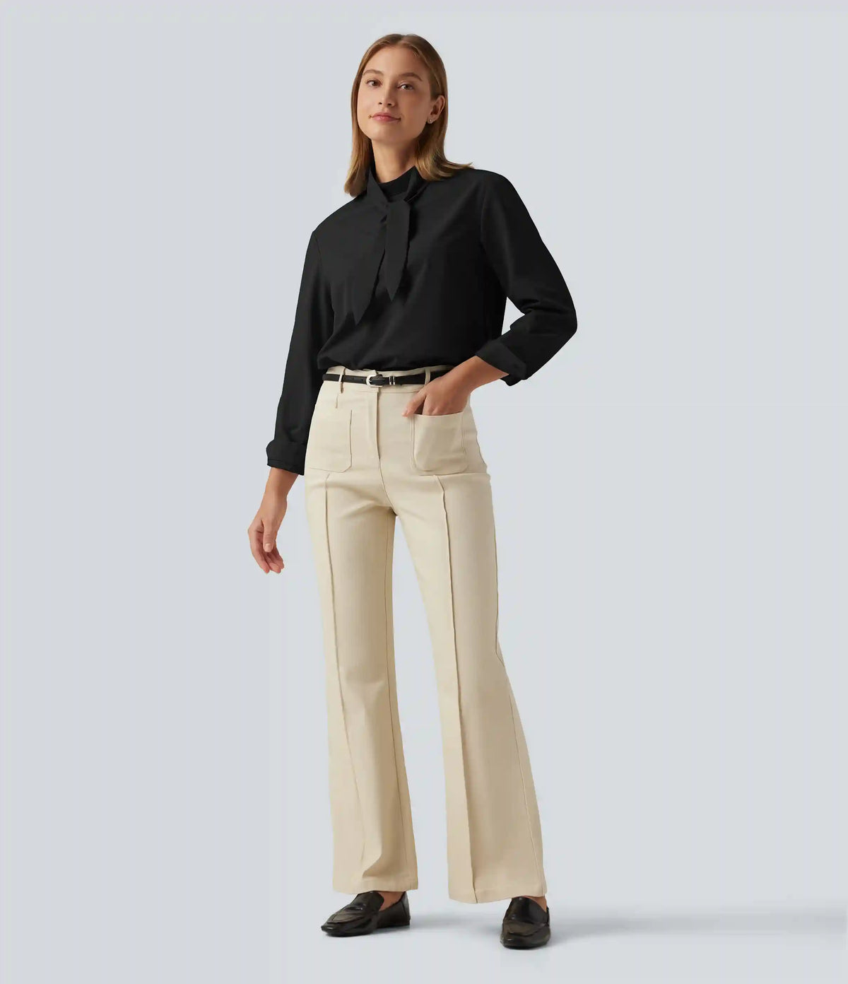 Mock Neck Long Sleeve Tie Front Work Blouse
