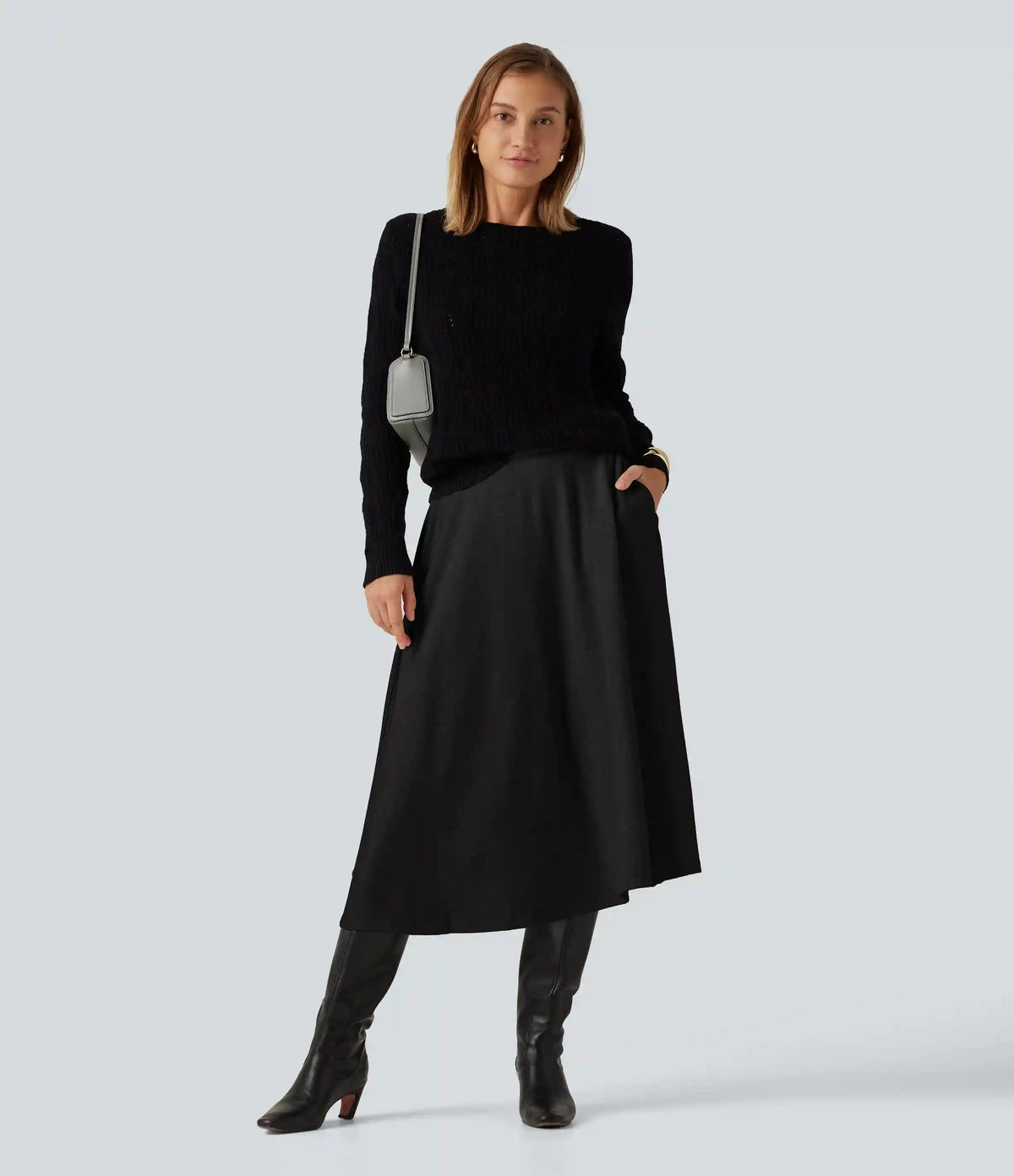 High Waisted A-Line Midi Work Skirt with Pockets
