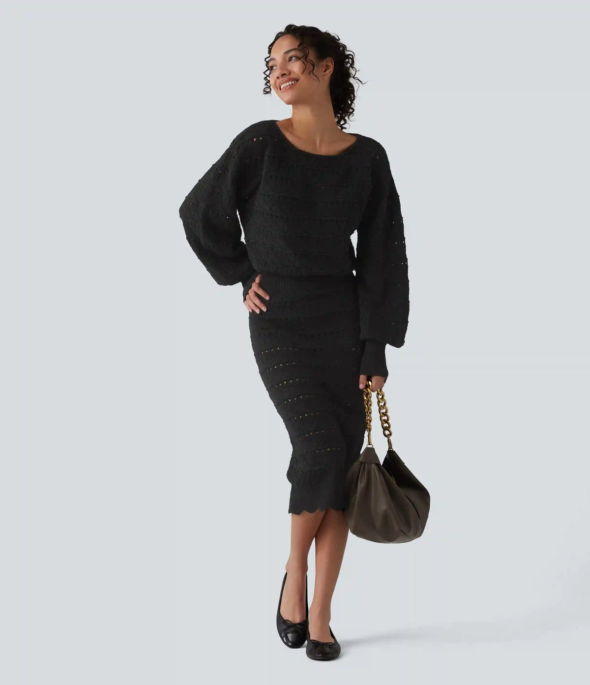 Boat Neck Long Sleeve Midi Casual Sweater Dress
