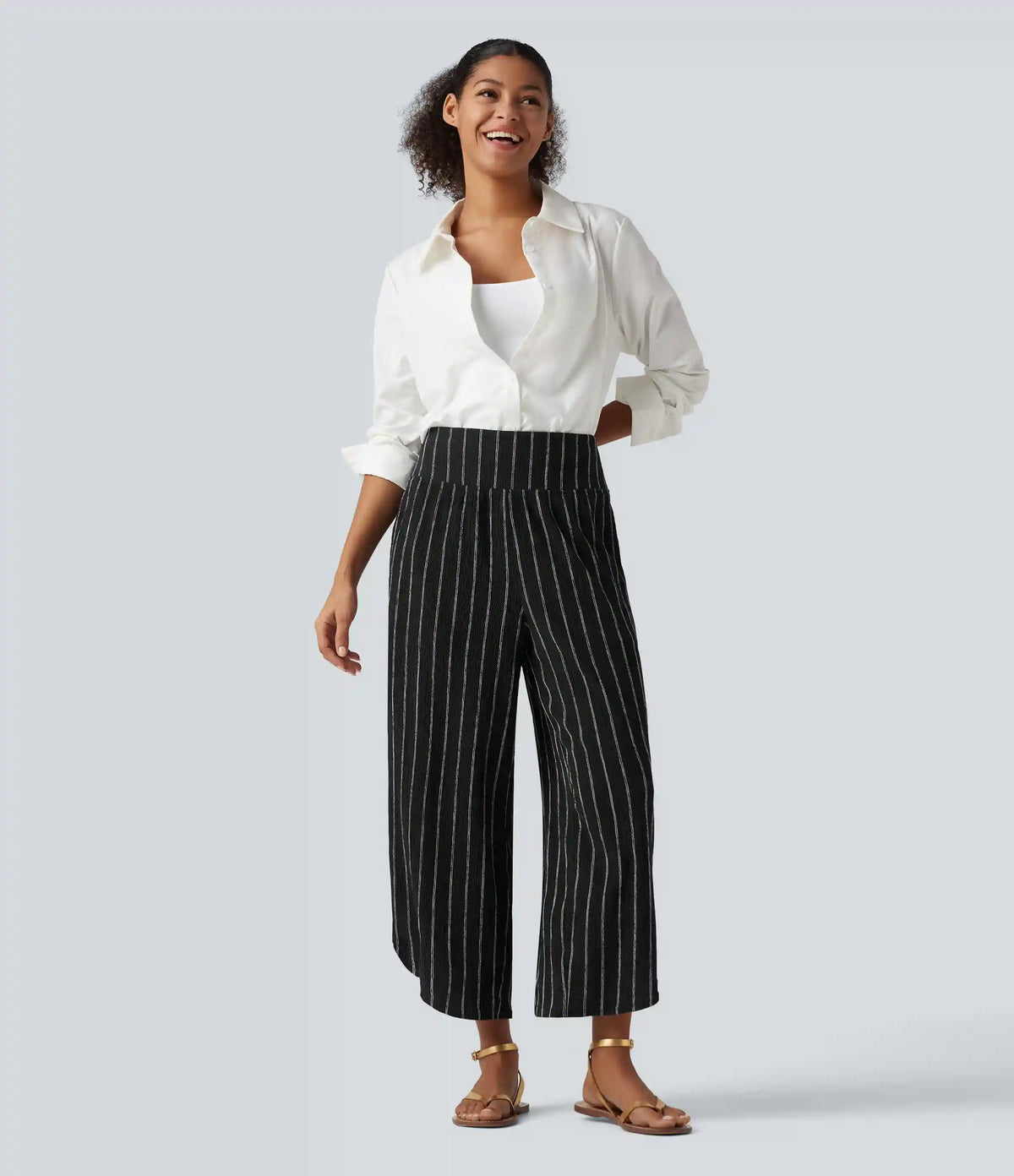 High Waisted Curved Hem Stripe Casual Pants with Pockets