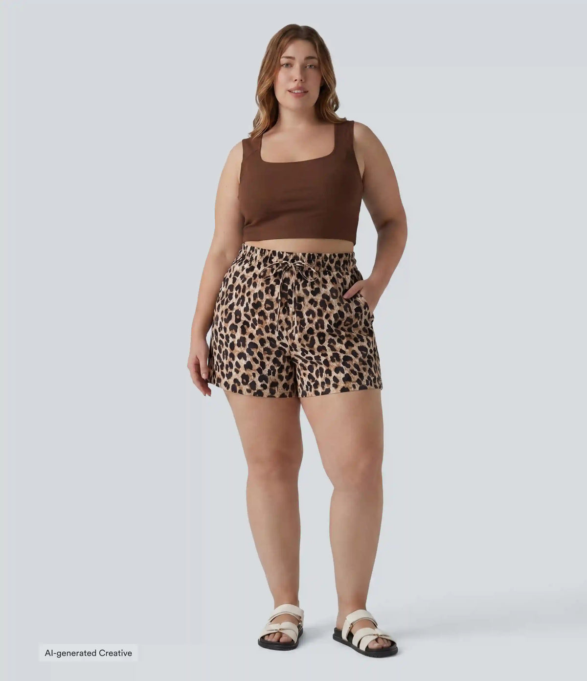 Plus Size High Waisted Drawstring Leopard Print Casual Shorts with Pockets
