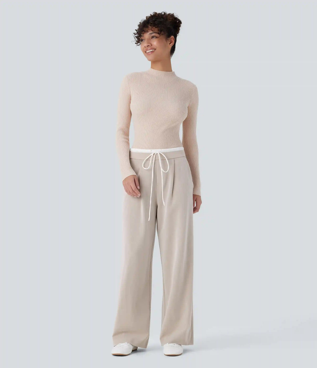 Double-Layer Color Block Low Rise Drawstring Pocket Wide Leg Casual Pants