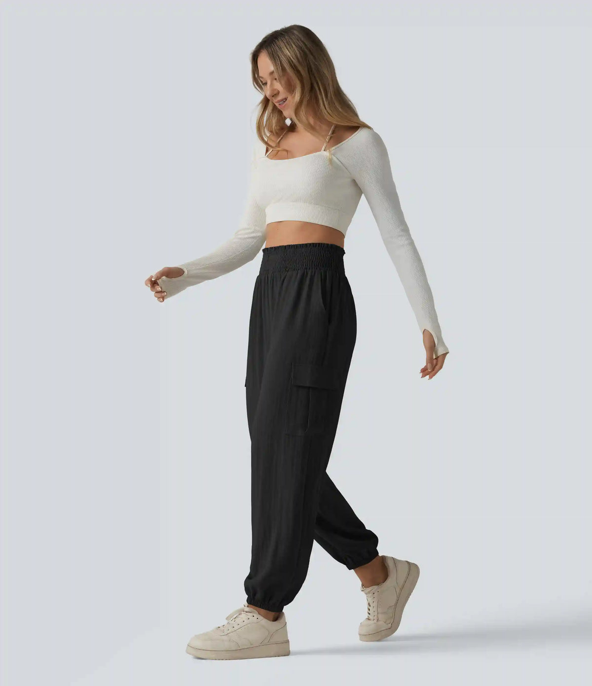 High Waisted Shirred Linen-Feel Casual Cargo Joggers with Pockets