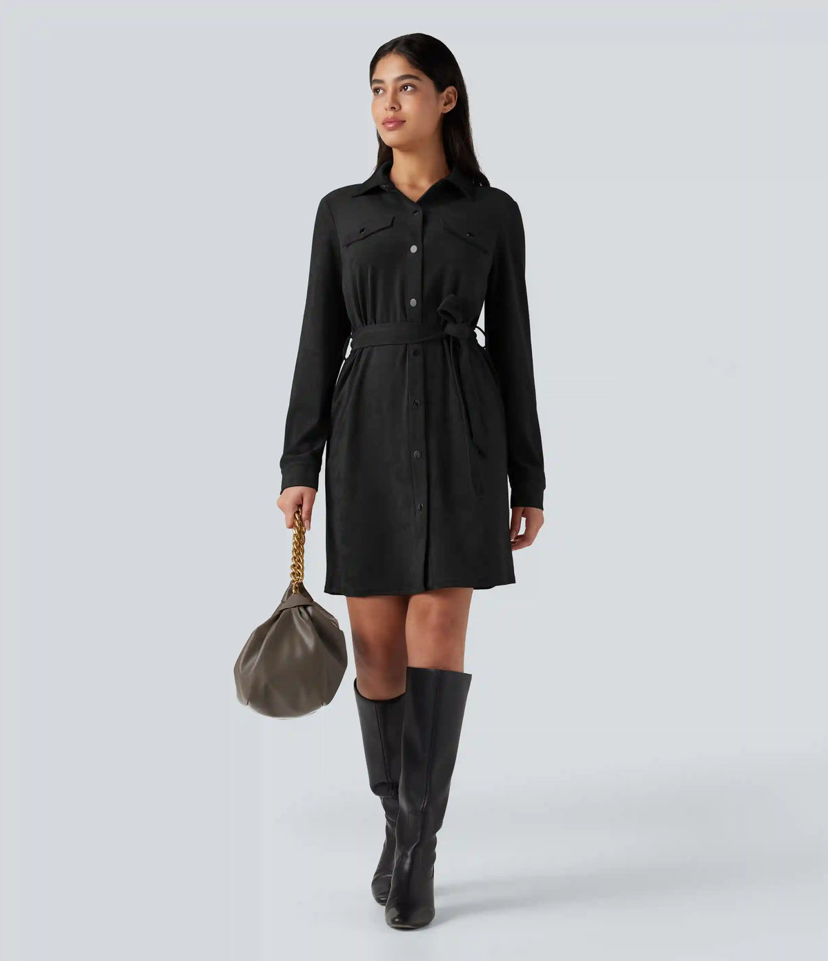 Long Sleeve Belted Suede Mini Casual Shirt Dress