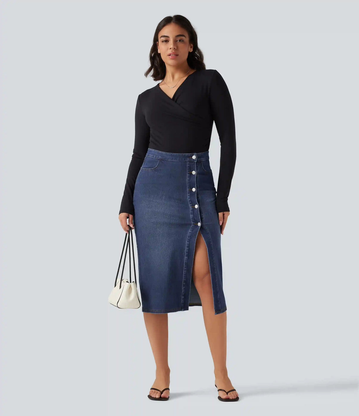 Halara Flex™ High Waisted Denim Bodycorn Midi Casual Skirt with Pockets