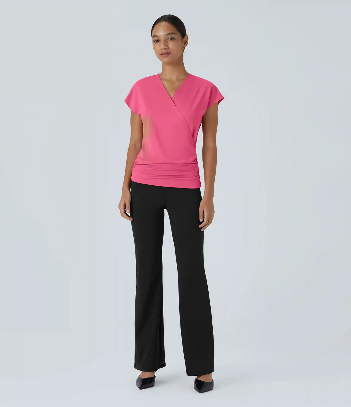 V Neck Cap Sleeve Crossover Ruched Solid Work Blouse