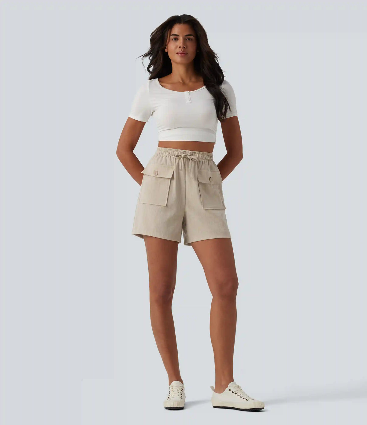 High Waisted Drawstring Casual Linen-Feel Shorts with Pockets
