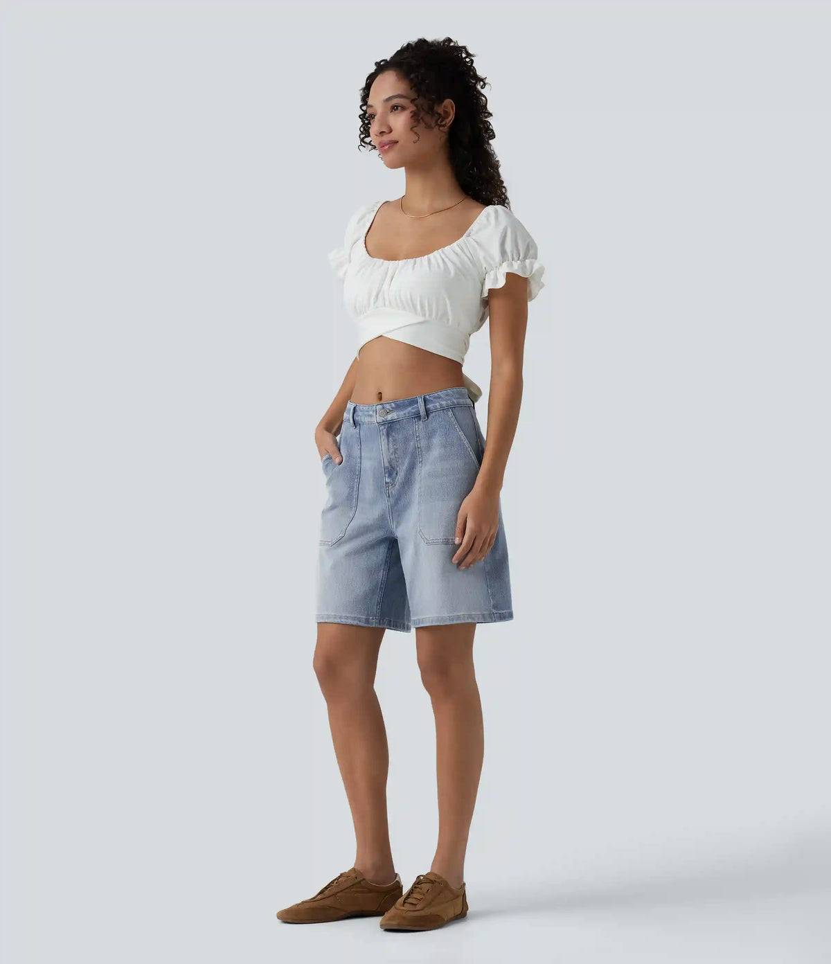 Halara Flex™ Mid Rise Washed Denim Casual Baggy Bermuda Shorts with Pockets
