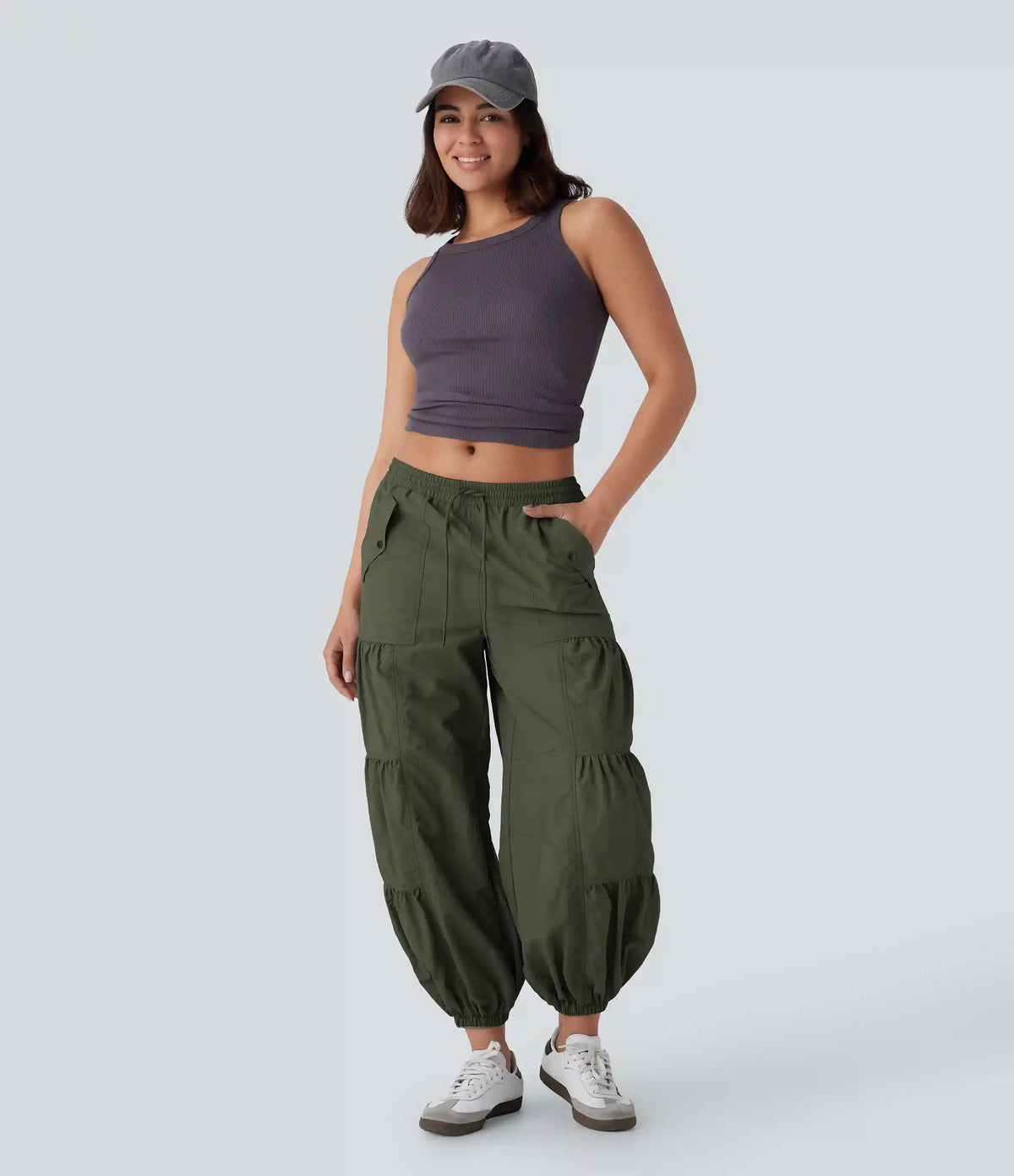 Mid Rise Drawstring Pocket Ruched Parachute Casual Cargo Baggy Joggers