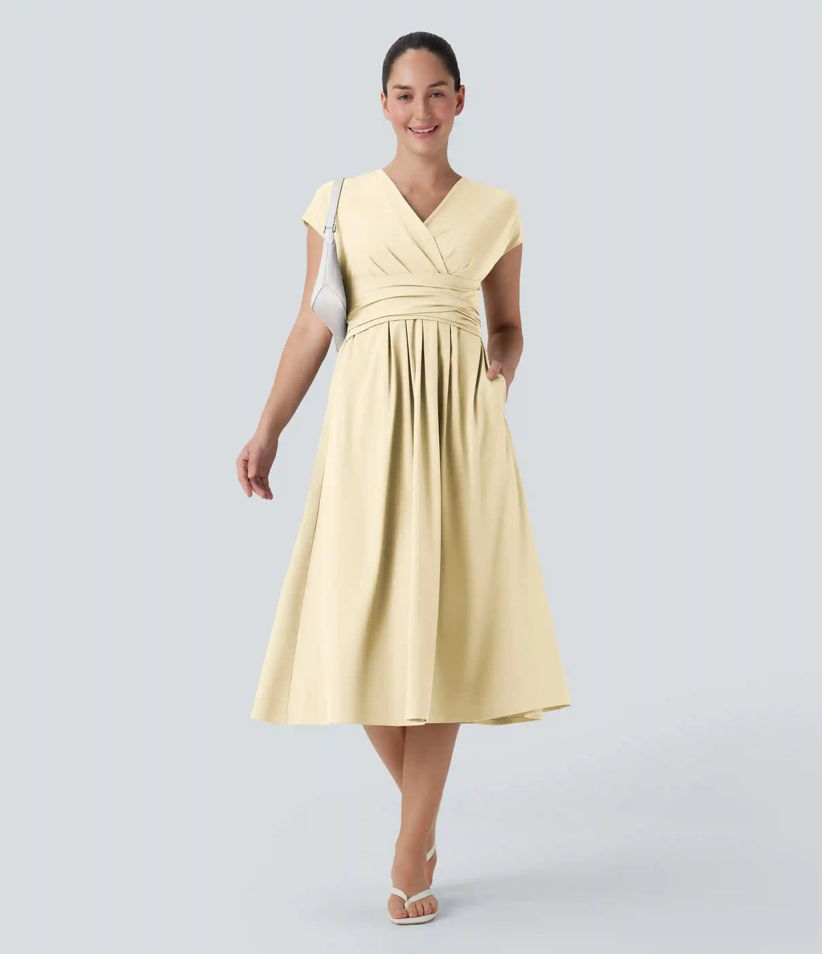 Breezeful™ V Neck Short Sleeve Pocket Tie Back Quick Dry Midi Casual Dress