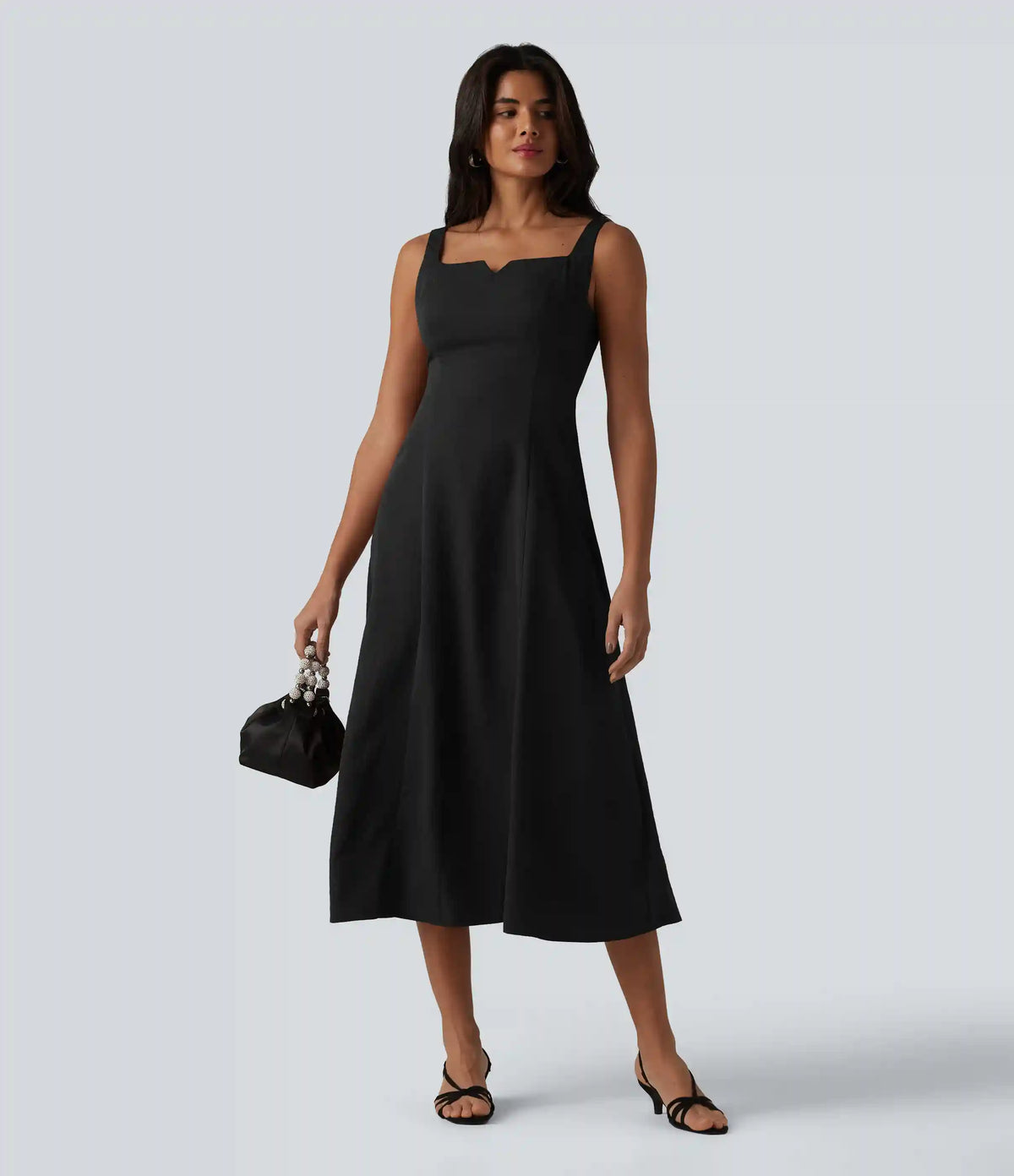 Square Neck Notched Shirred Midi Flowy Bridesmaid And Wedding Guest Dress