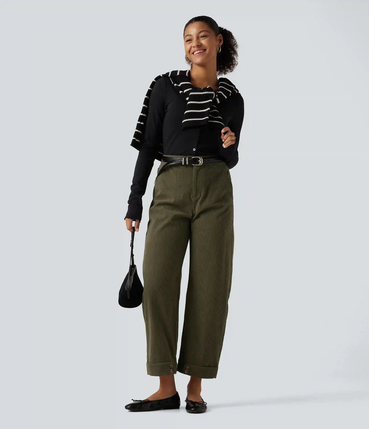 High Waisted Barrel Leg Corduroy Casual Pants with Pockets