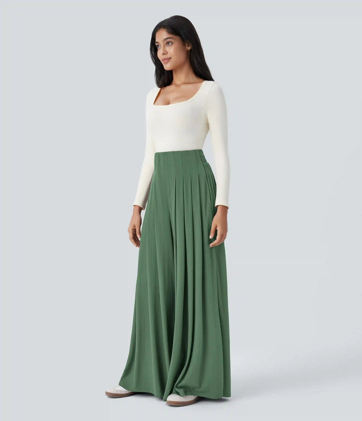 Ribbed Knit High Waisted Pleated Pocket Flowy Wide Leg Casual Pants