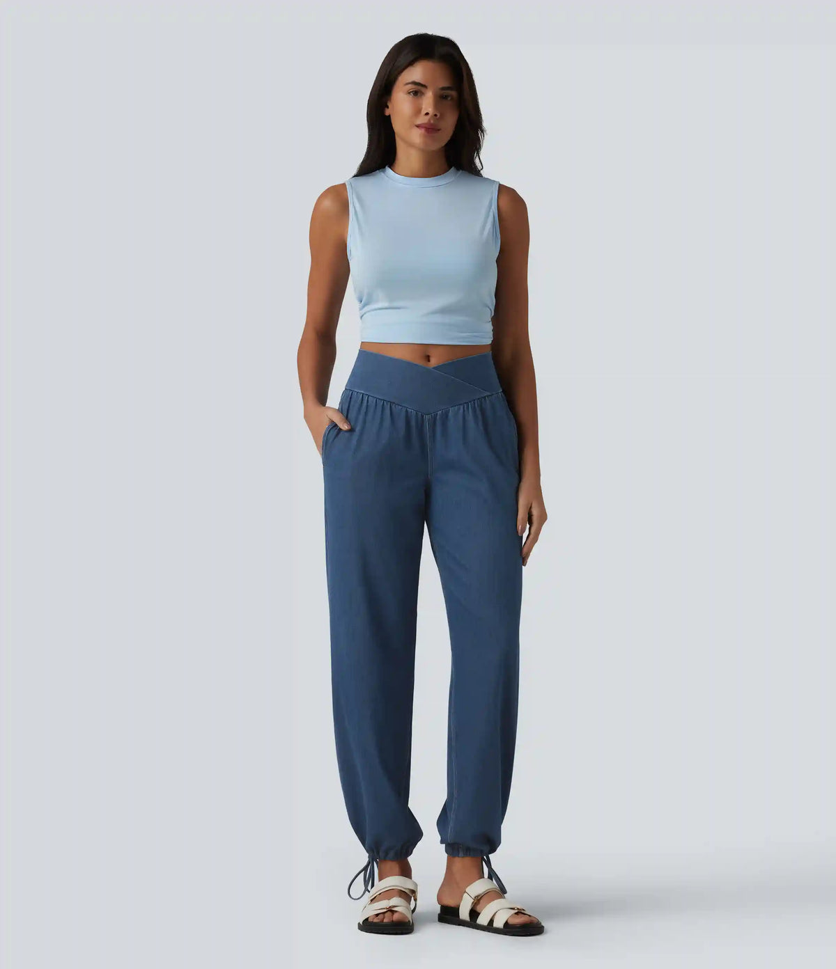 Halara Flex™ Mid Rise Crossover Drawstring Denim Casual Joggers with Pockets