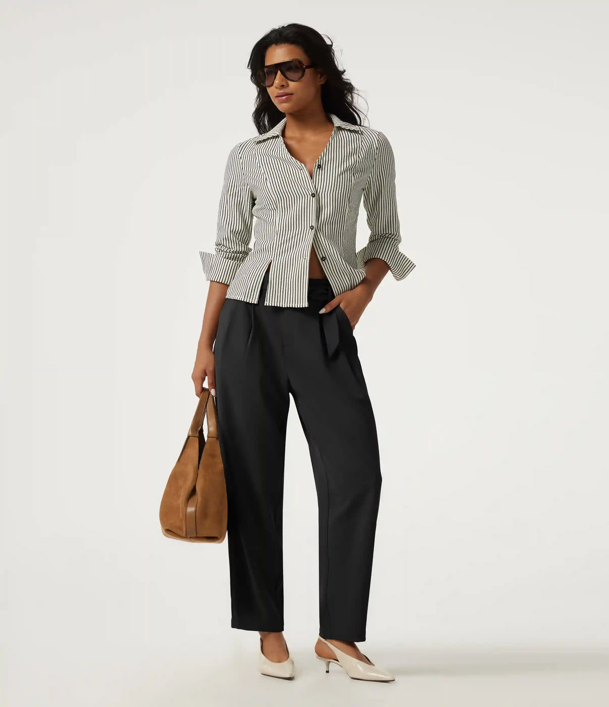 High Waisted Belted Tapered Work Pants with Pockets