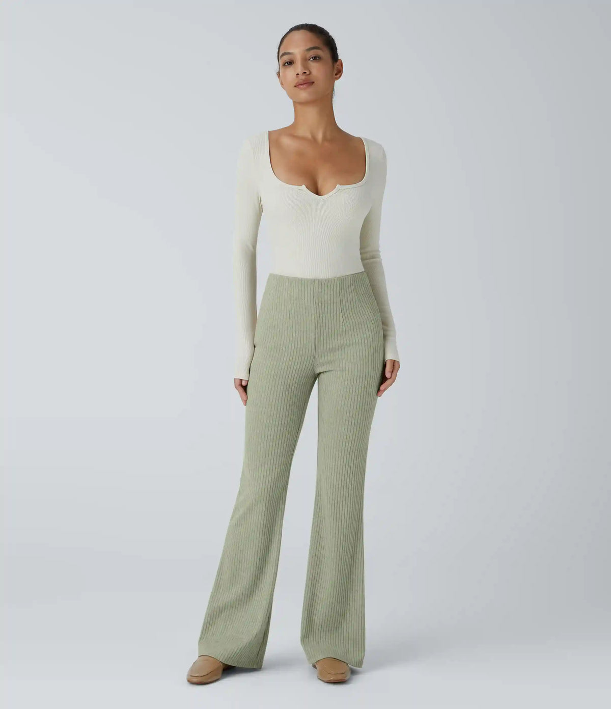 Ribbed Knit High Waisted Side Zipper Pockets Casual Flare Pants
