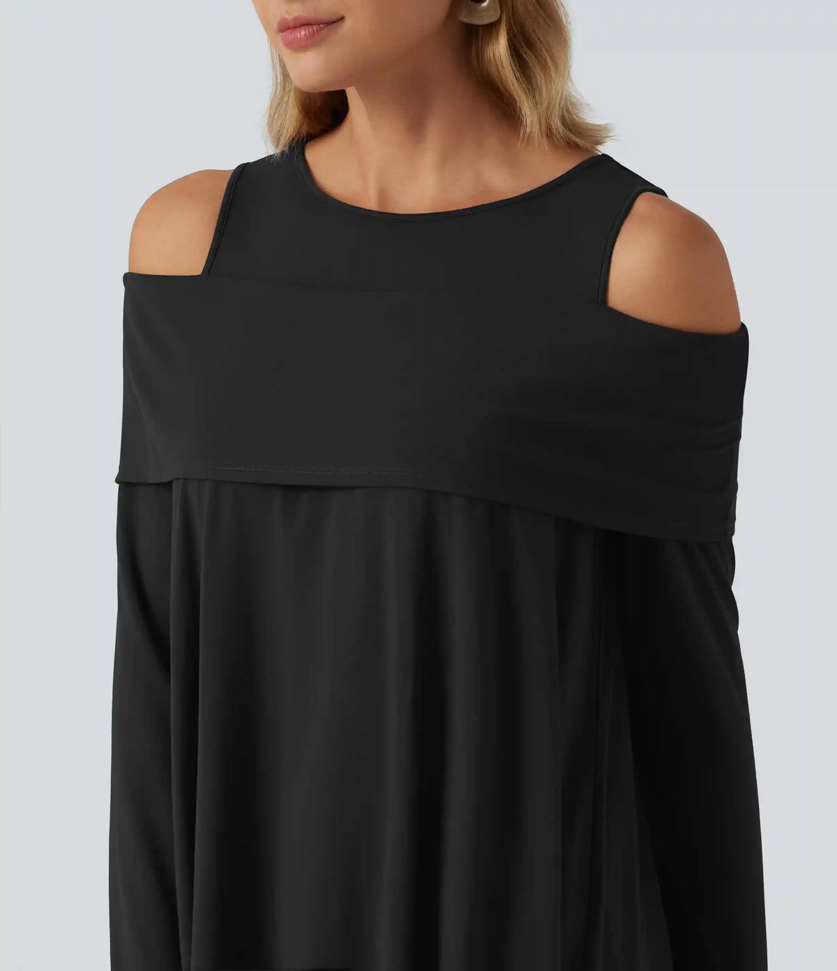 Round Neck Cold Shoulder Relaxed Long Sleeve Casual Top