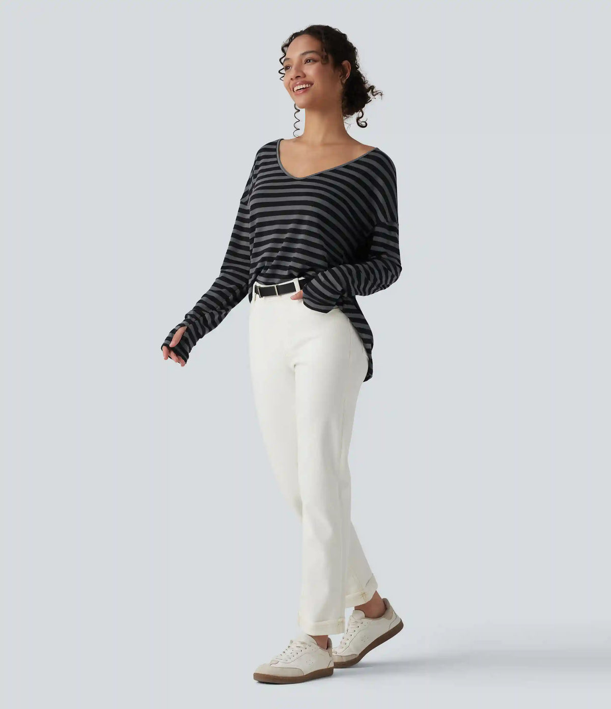 Deep V-neck Long Sleeve Thumb Holes Stripes Relaxed T-Shirt-Front and Back Wearable