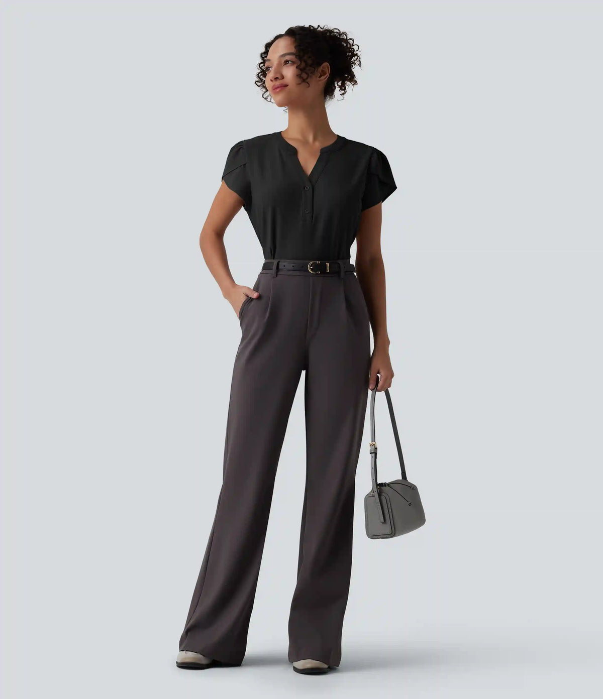 V-neck Petal Short Sleeve Work Blouse