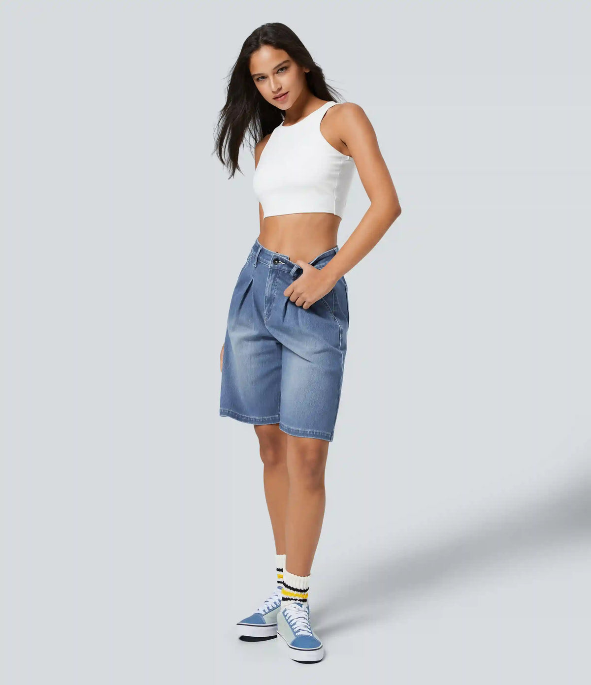 Halara Flex™ High Waisted Zipper Pockets Washed Denim Casual Bermuda Shorts
