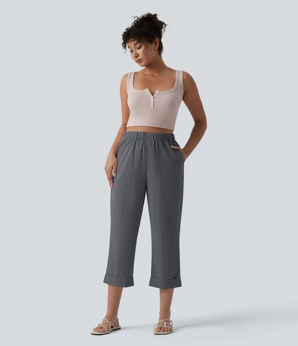 High Waisted Straight Leg Cropped Casual Linen-Feel Pants with Pockets