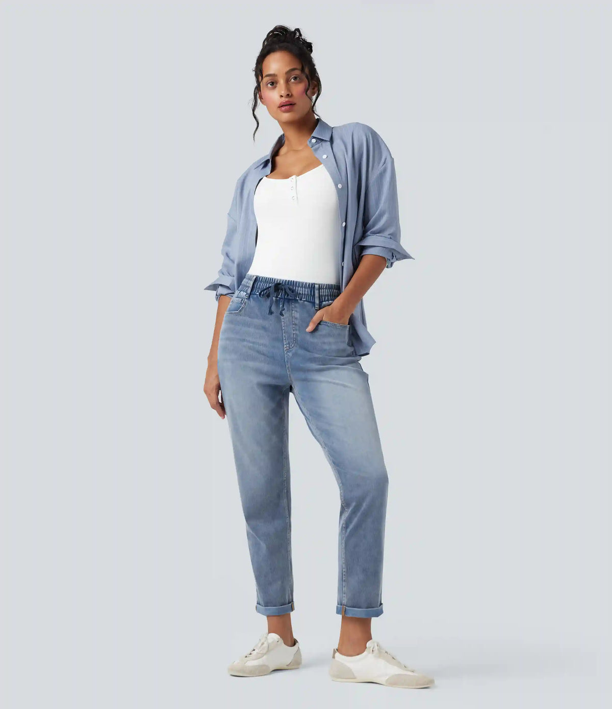 Halara Flex™ High Waisted Drawstring Rolled Hem Casual Slim Jeans with Pockets