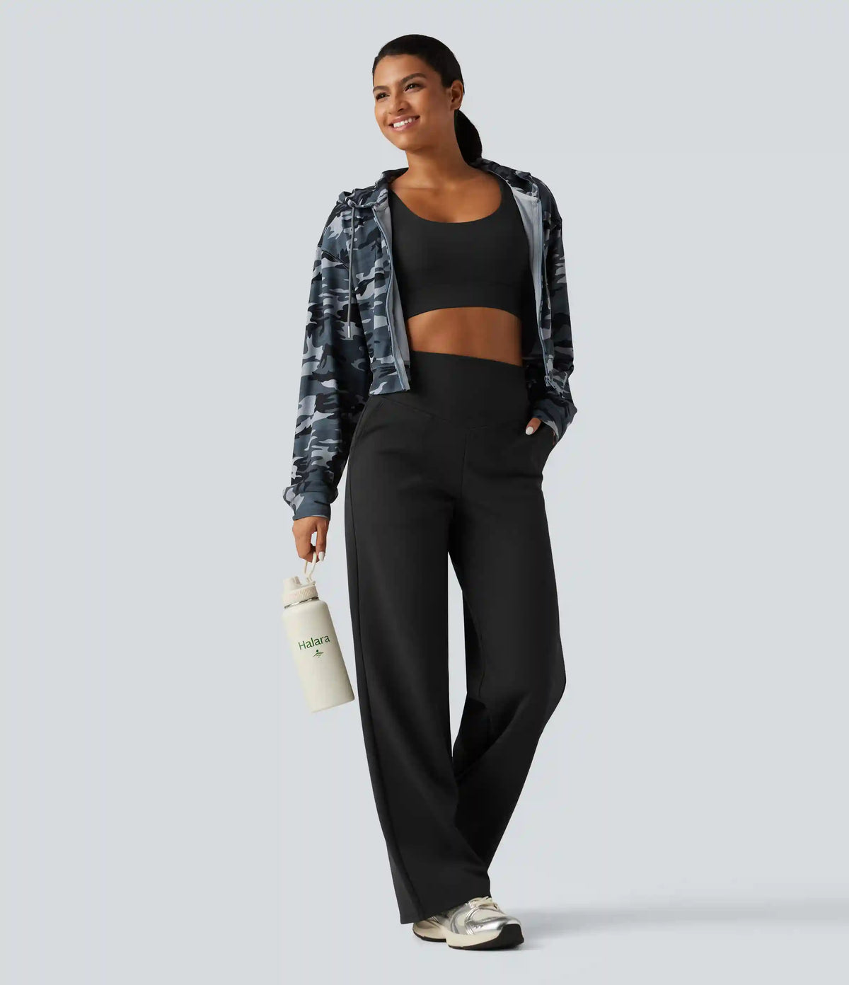 High Waisted Tummy Control Straight Leg Fleece Yoga Pants with Pockets