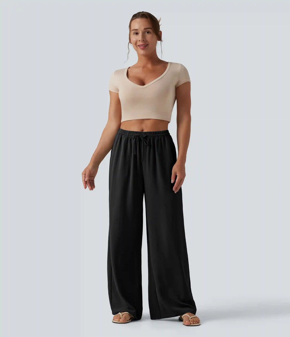Mid Rise Drawstring Wide Leg Baggy Casual Linen-Feel Pants with Pockets
