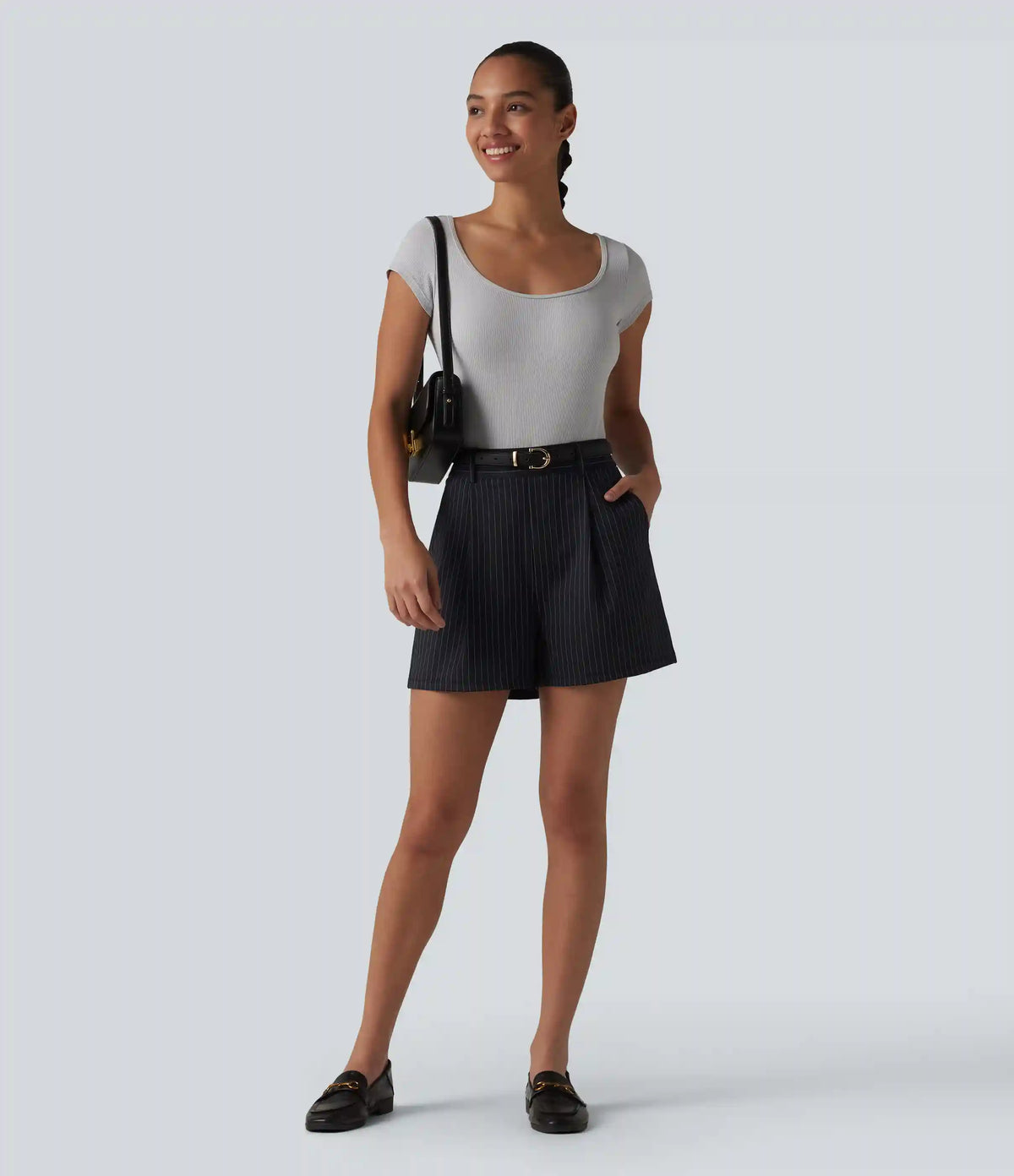 High Waisted Pleated Stripes Work Baggy Shorts with Pockets