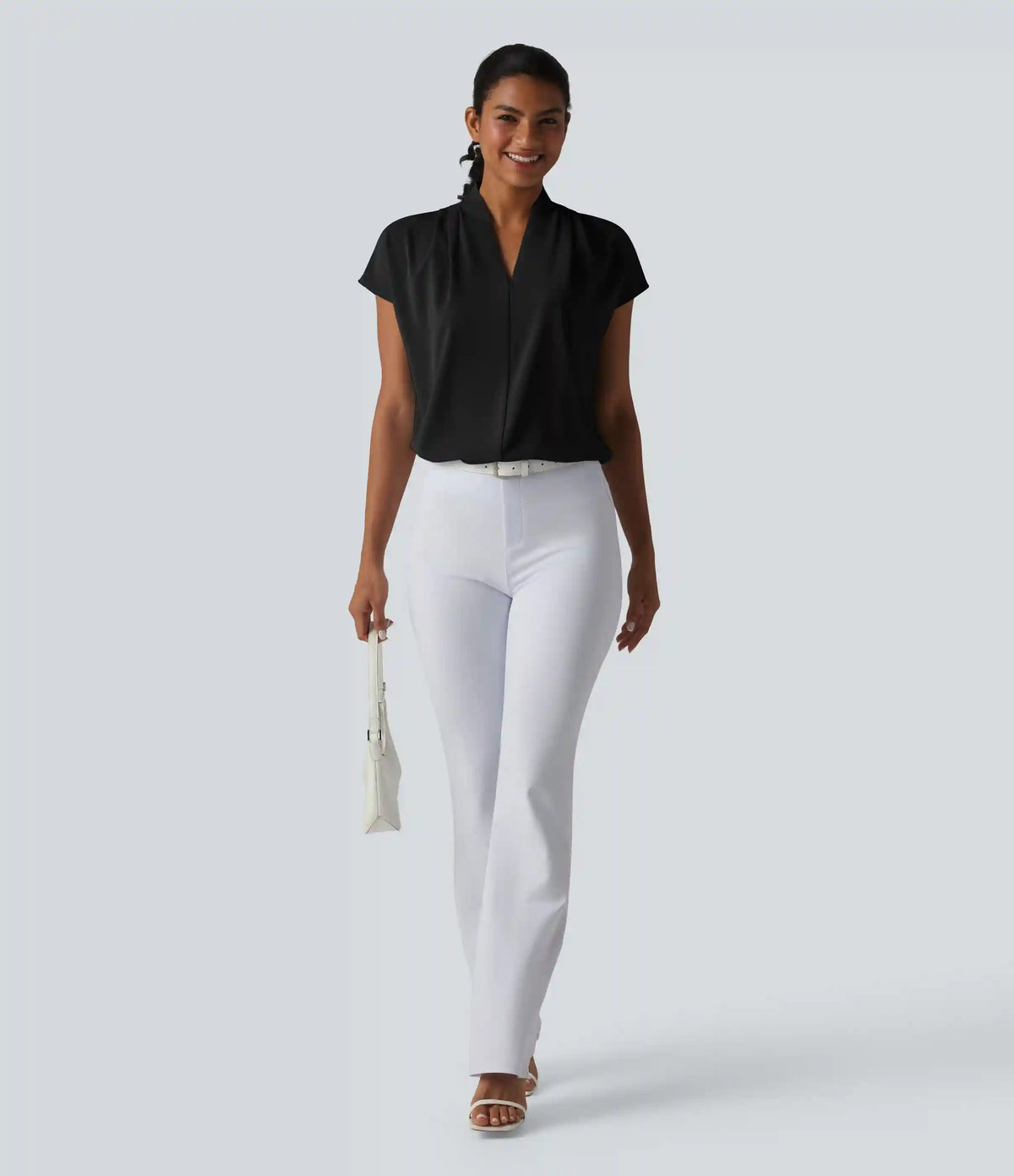 Wrinkle Recovery V-neck Batwing Sleeve Loose Fit Work Blouse