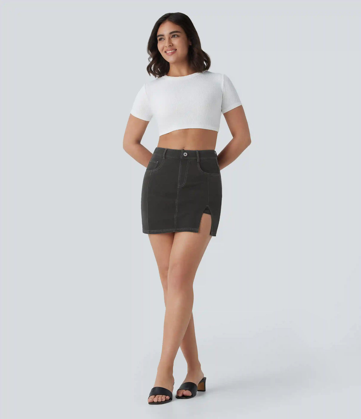 Halara Flex™ High Waisted Pockets 2-in-1 Bodycon Mini Washed Denim Casual Skirt