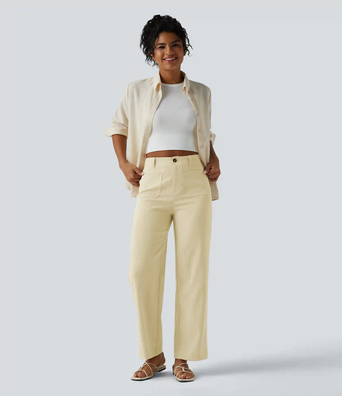 High Waisted Straight Leg Casual Linen-Feel Pants with Pockets