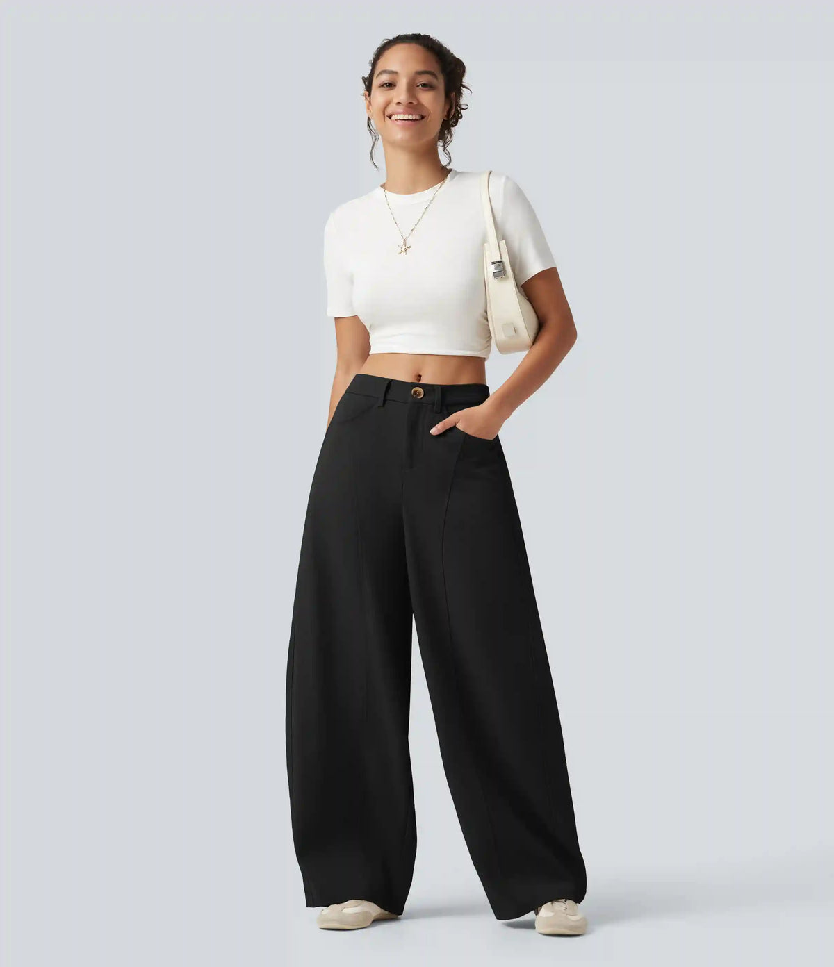 Mid Rise Casual Barrel Leg Pants with Pockets