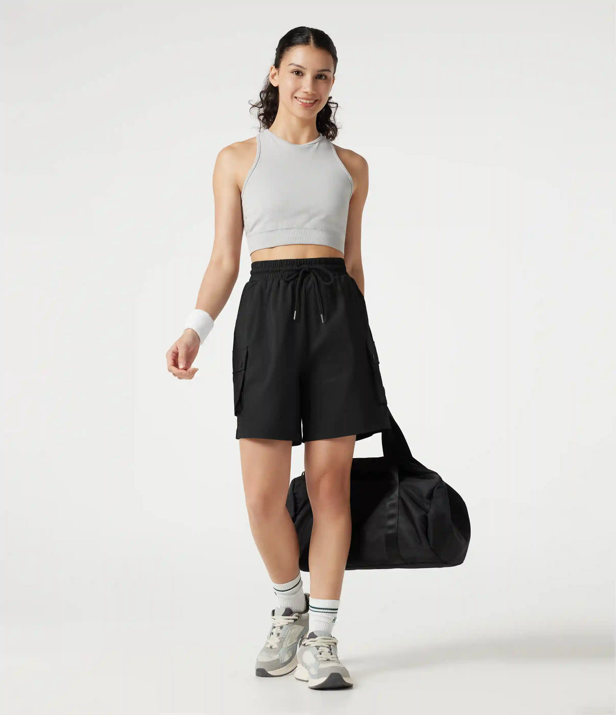 High-waisted Drawstring Workout Cargo Bermuda Shorts with Pockets