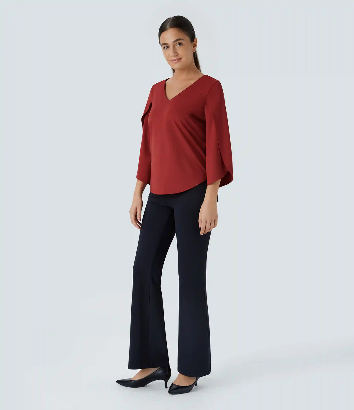 V Neck 3/4 Sleeve Curved Hem Work Top