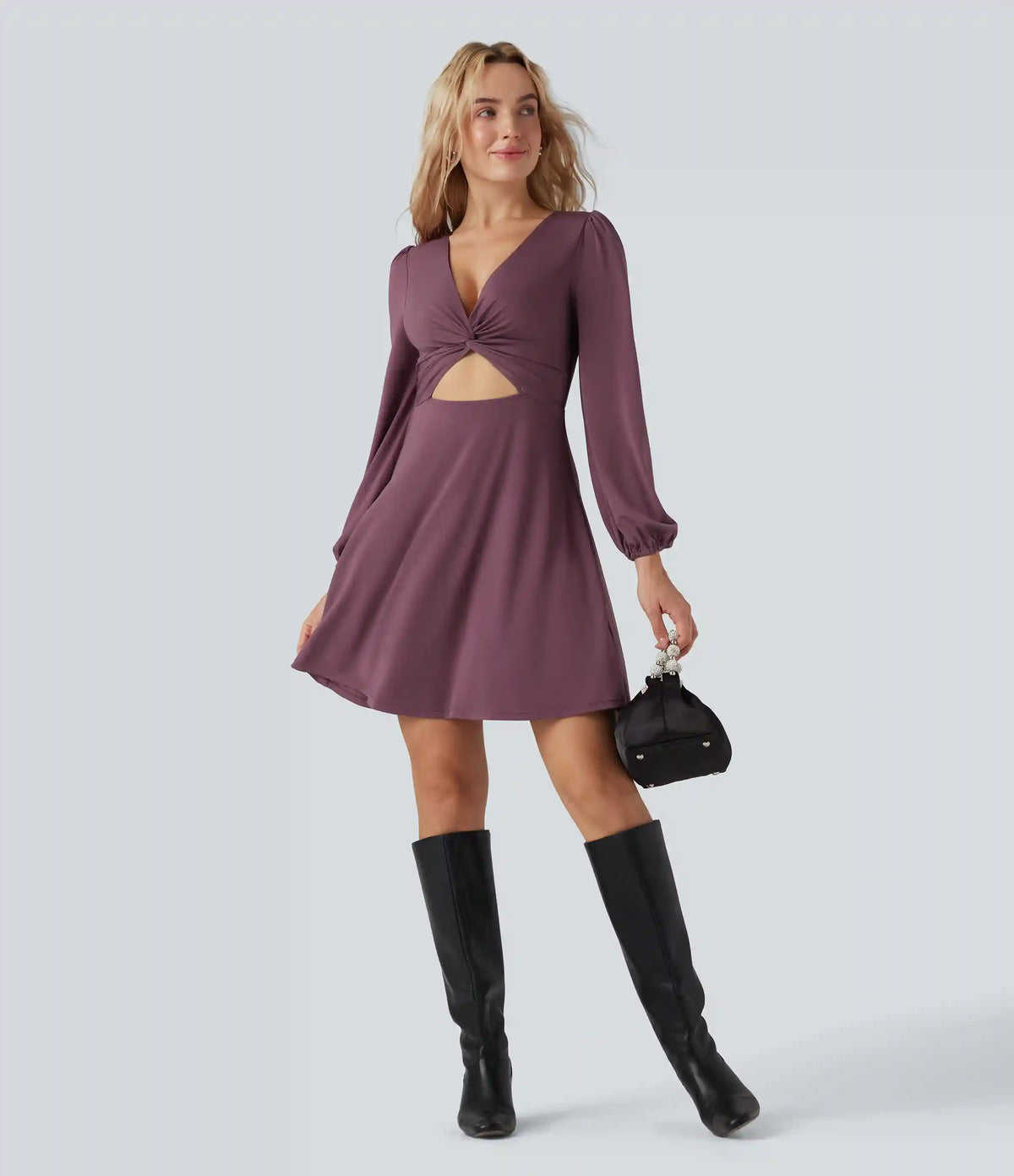 V-neck Cut-out Long Sleeve Zipper Mini Dress
