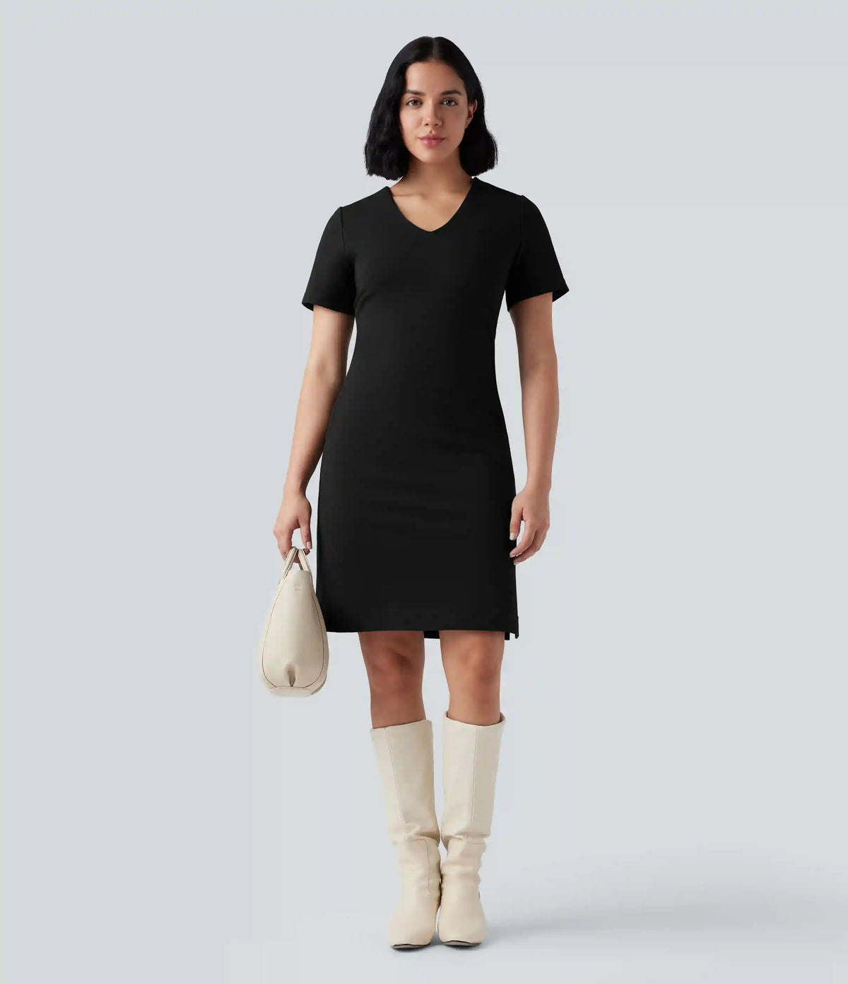 Wear-Resistant V-neck Zipper Short Sleeve Split Hem Ponte Roma Work Dress with Pockets
