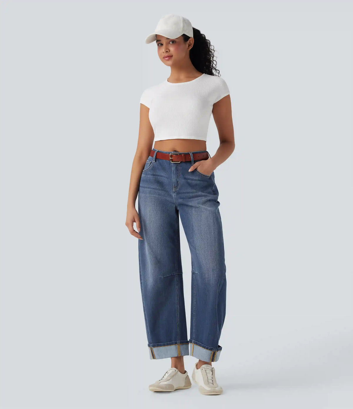 Halara Flex™ Mid Rise Barrel Leg Washed Casual Jeans with Pockets