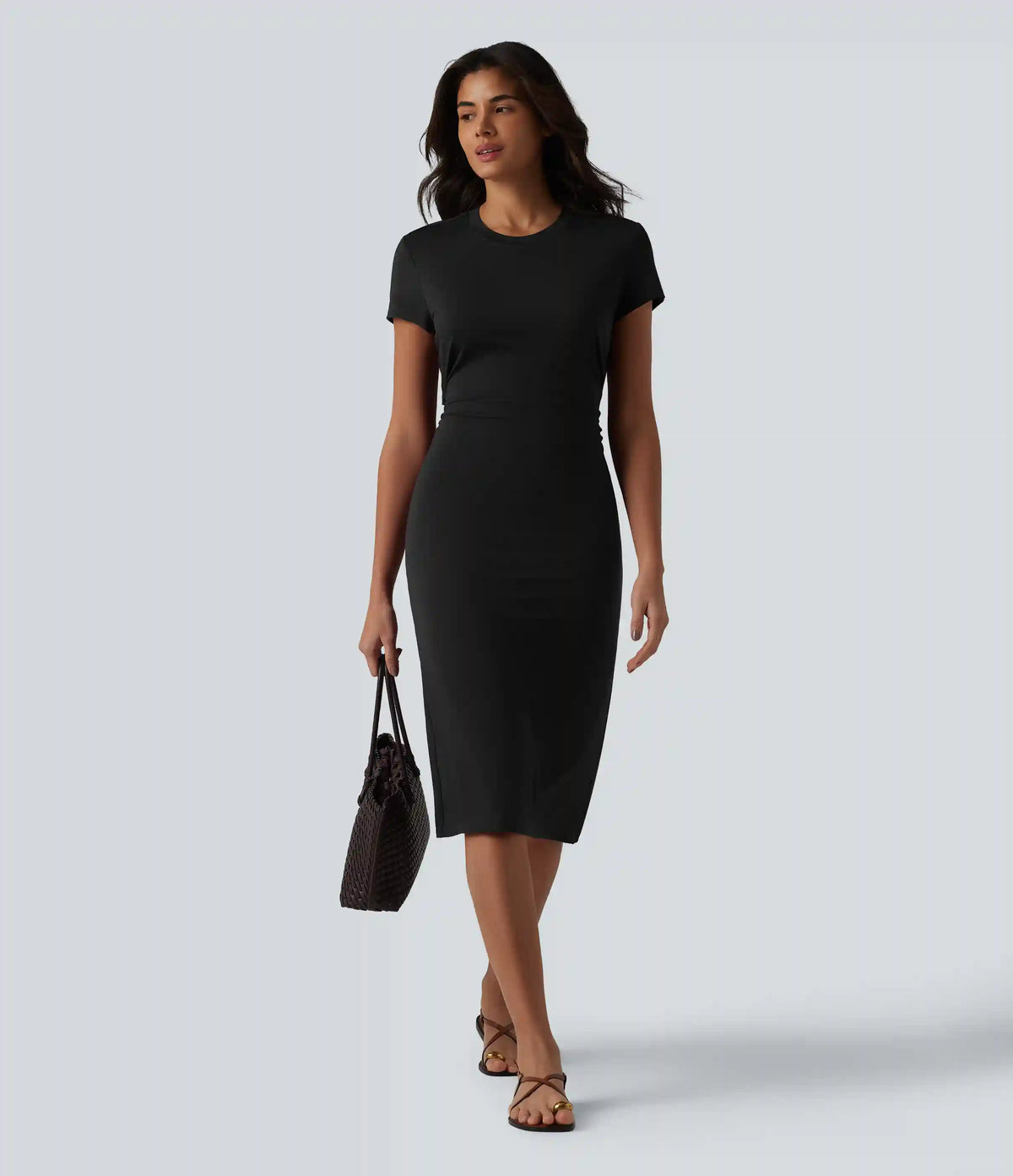Round Neck Short Sleeve Cut Out Midi Casual Dress