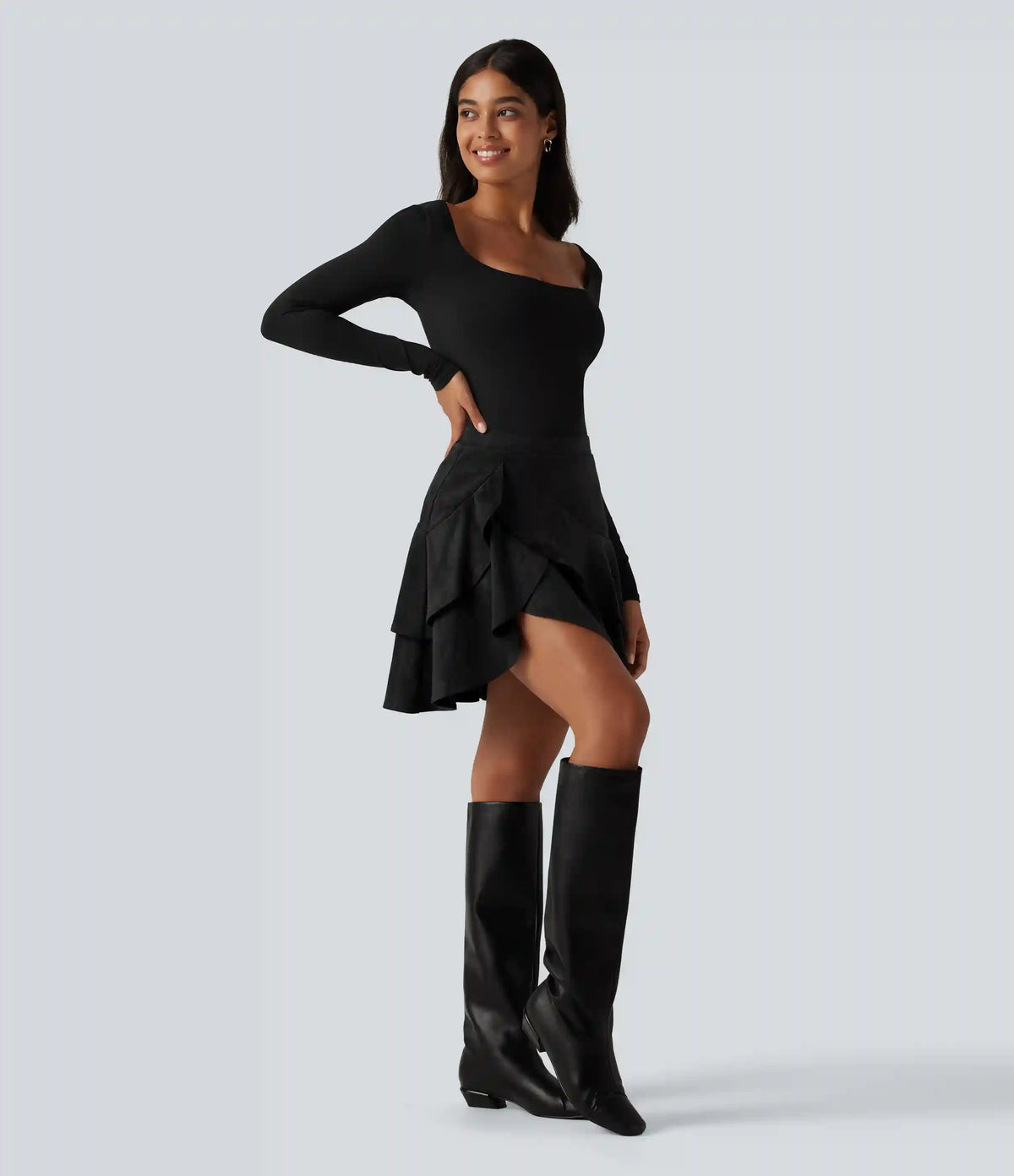High Waisted Tiered Ruffle Hem 2-in-1 Longer Mini Suede Casual Skirt with Pocket