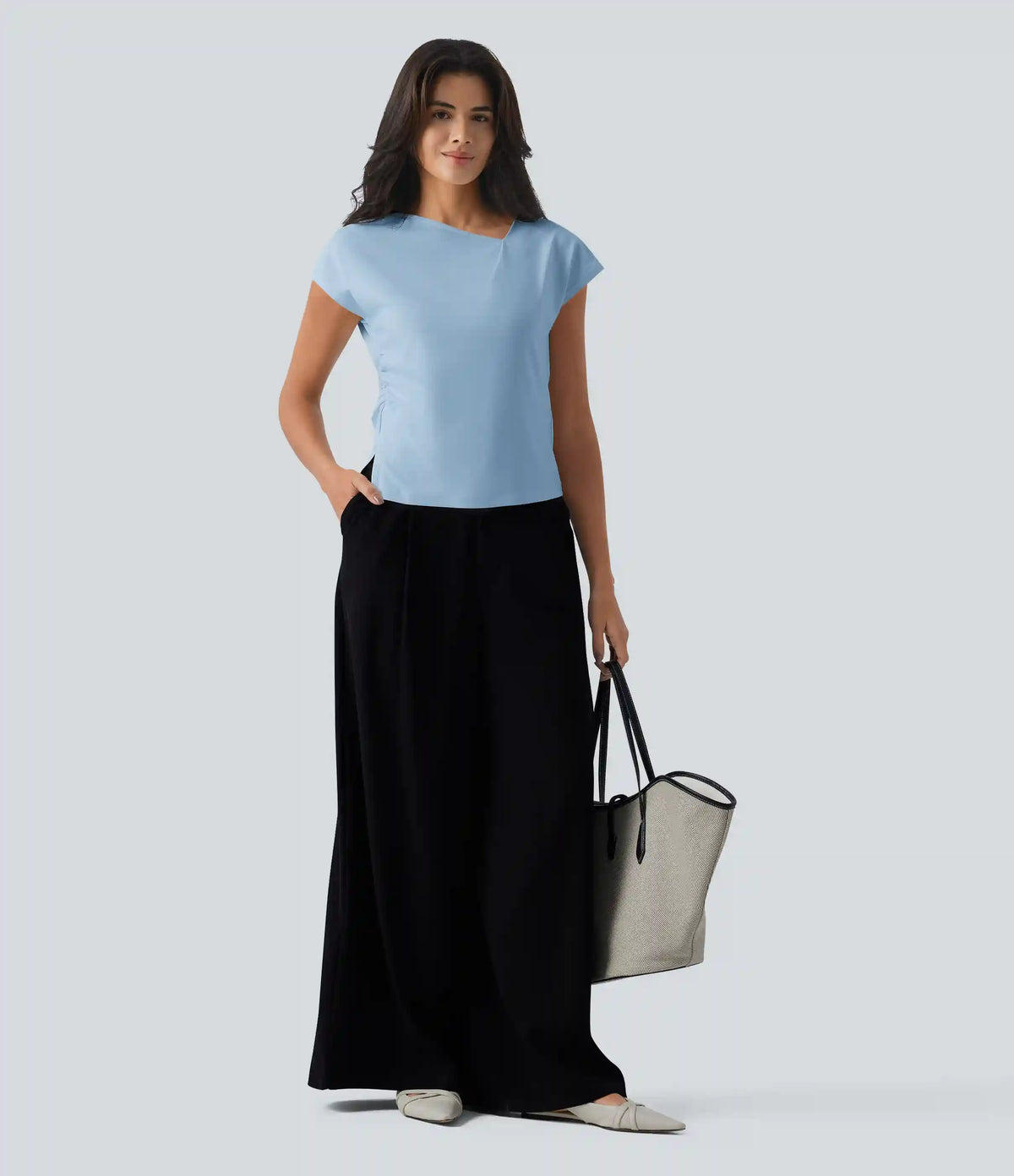Asymmetric Cowl Neck Short Sleeve Ruched Split Hem Work Blouse