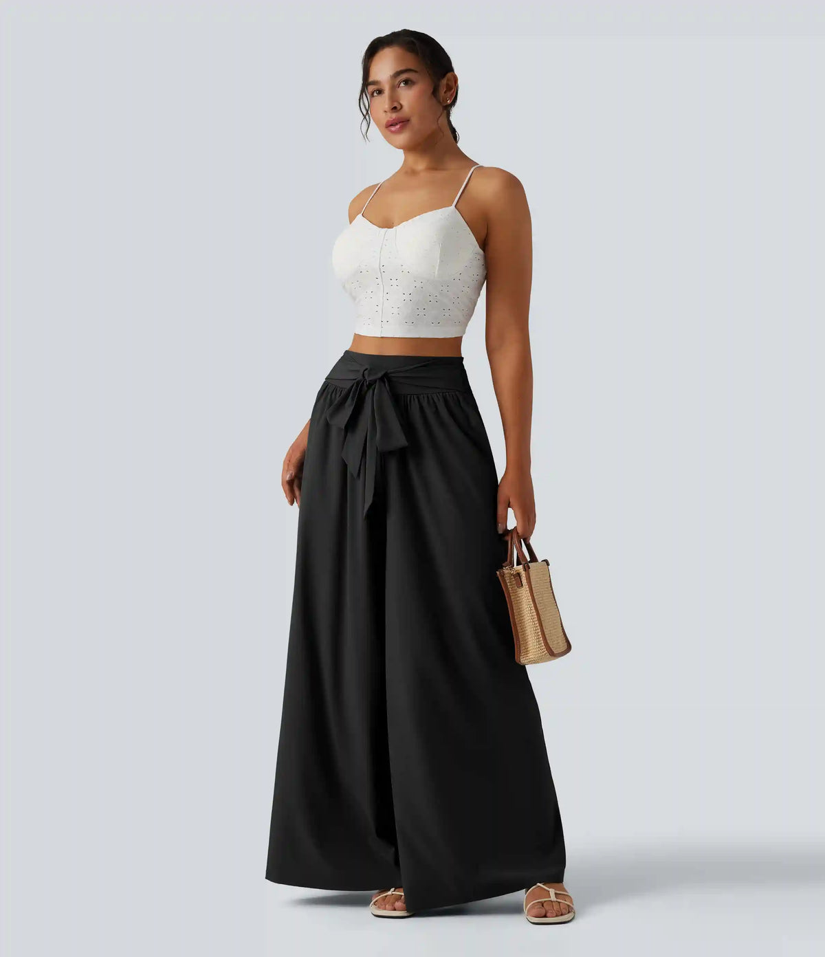 Breezeful™ High Waisted Shirred Tie Front Flowy Quick Dry Baggy Pants with Pockets