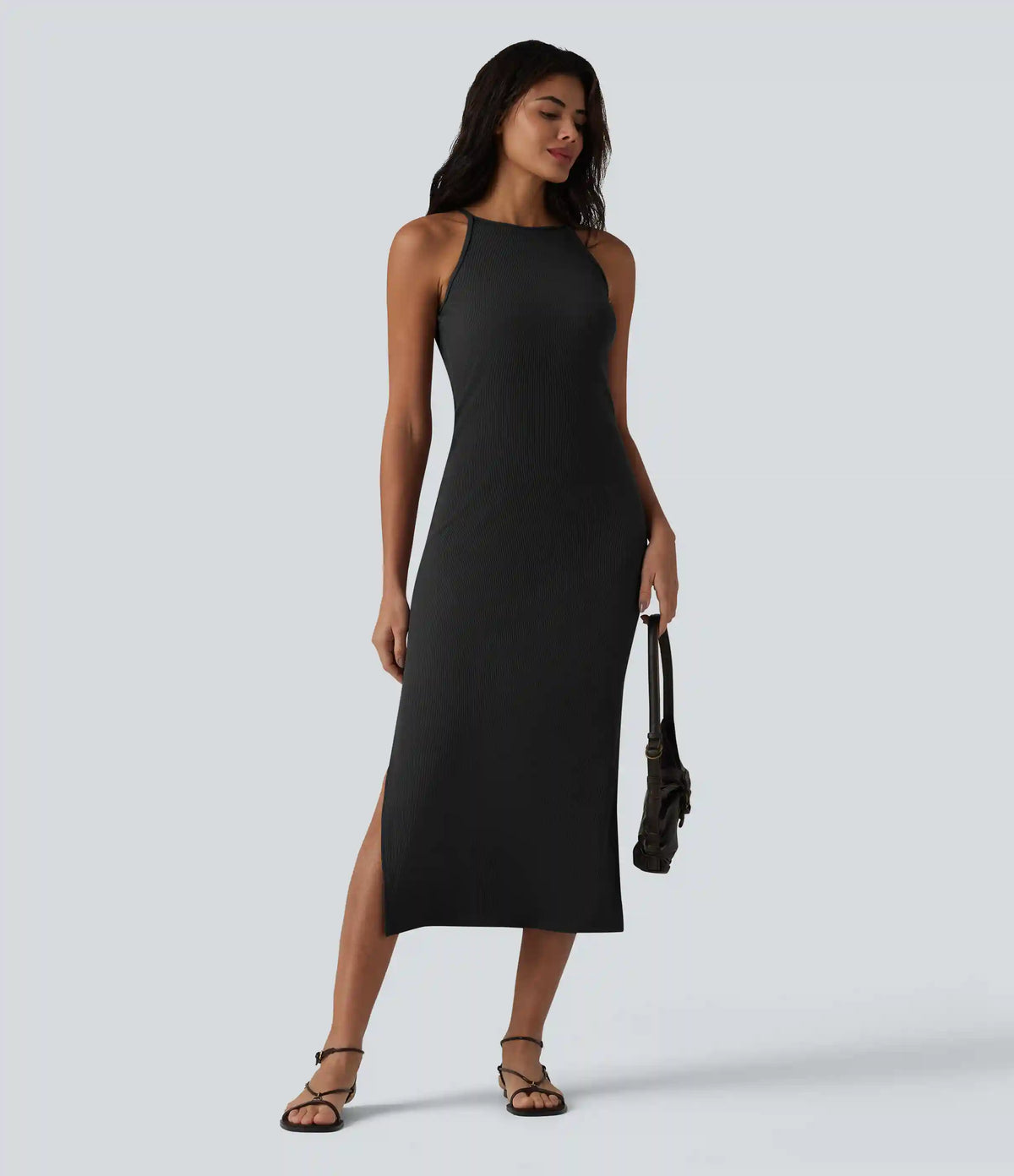 Ribbed Knit Round Neck Midi Casual Slip Dress