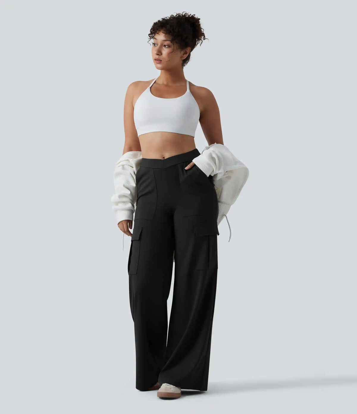 DayStretch V-Shaped High Waisted Wide Leg Casual Cargo Pants with Pockets